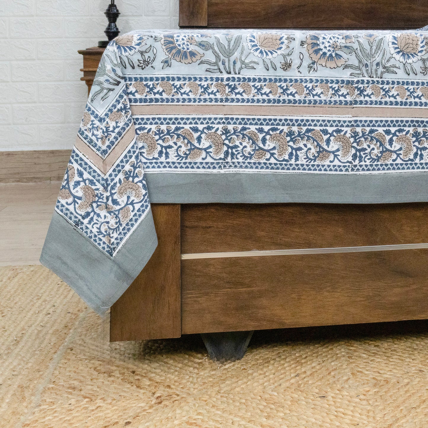 Indian Handmade Block Printed Gray and Brown Floral Pattern Cotton Bed sheet For living Room, Kids Room - My Store