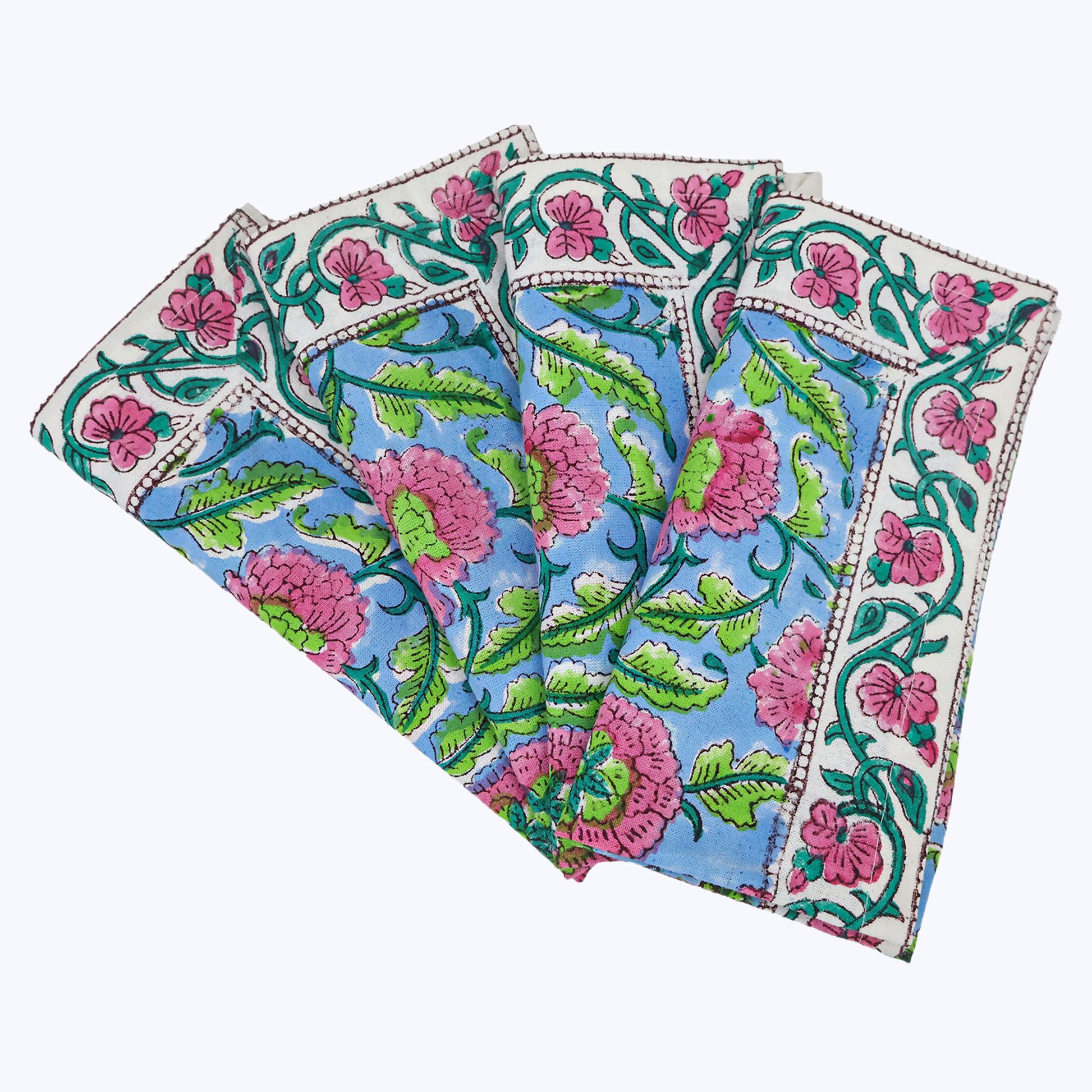 Pink and Green Hand Block Printed Cotton Napkins Set Of 4 - My Store
