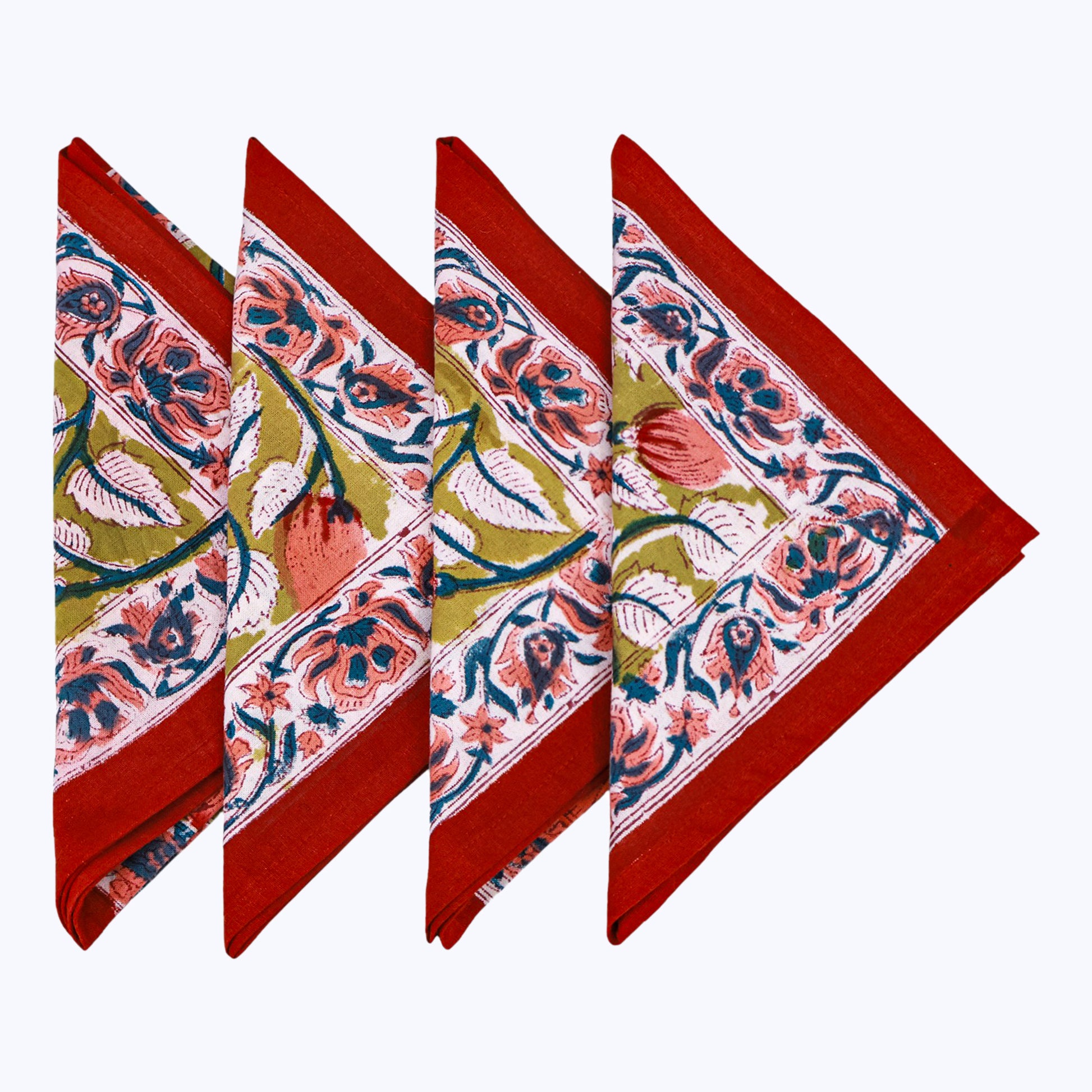 Red and Pink Handmade Block Printed Cotton Napkin Set Of 4 - My Store