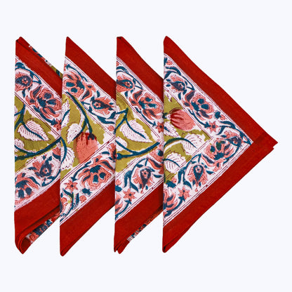 Red and Pink Handmade Block Printed Cotton Napkin Set Of 4 - My Store