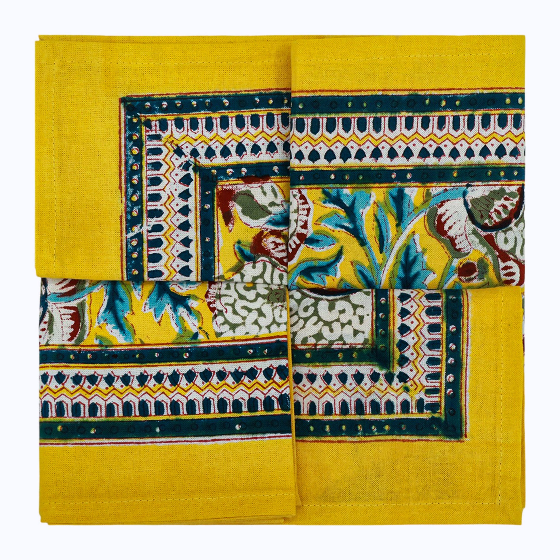 Yellow and Blue Handmade Block Printed Cotton Napkins 4 Pieces Set - My Store