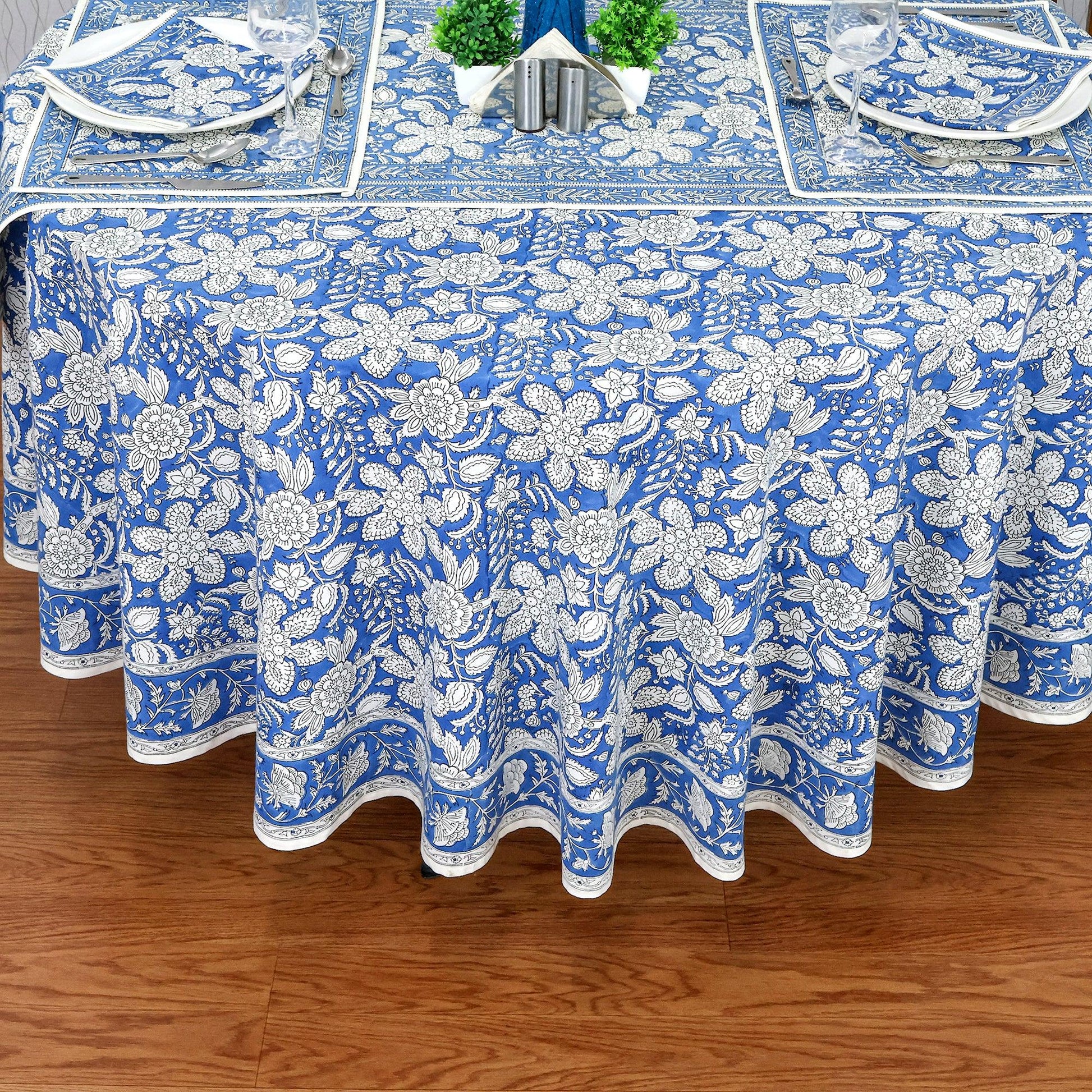 Cerulean Blue Base and White Floral Hand Block Printed Cotton - My Store