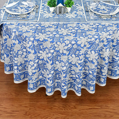 Cerulean Blue Base and White Floral Hand Block Printed Cotton - My Store