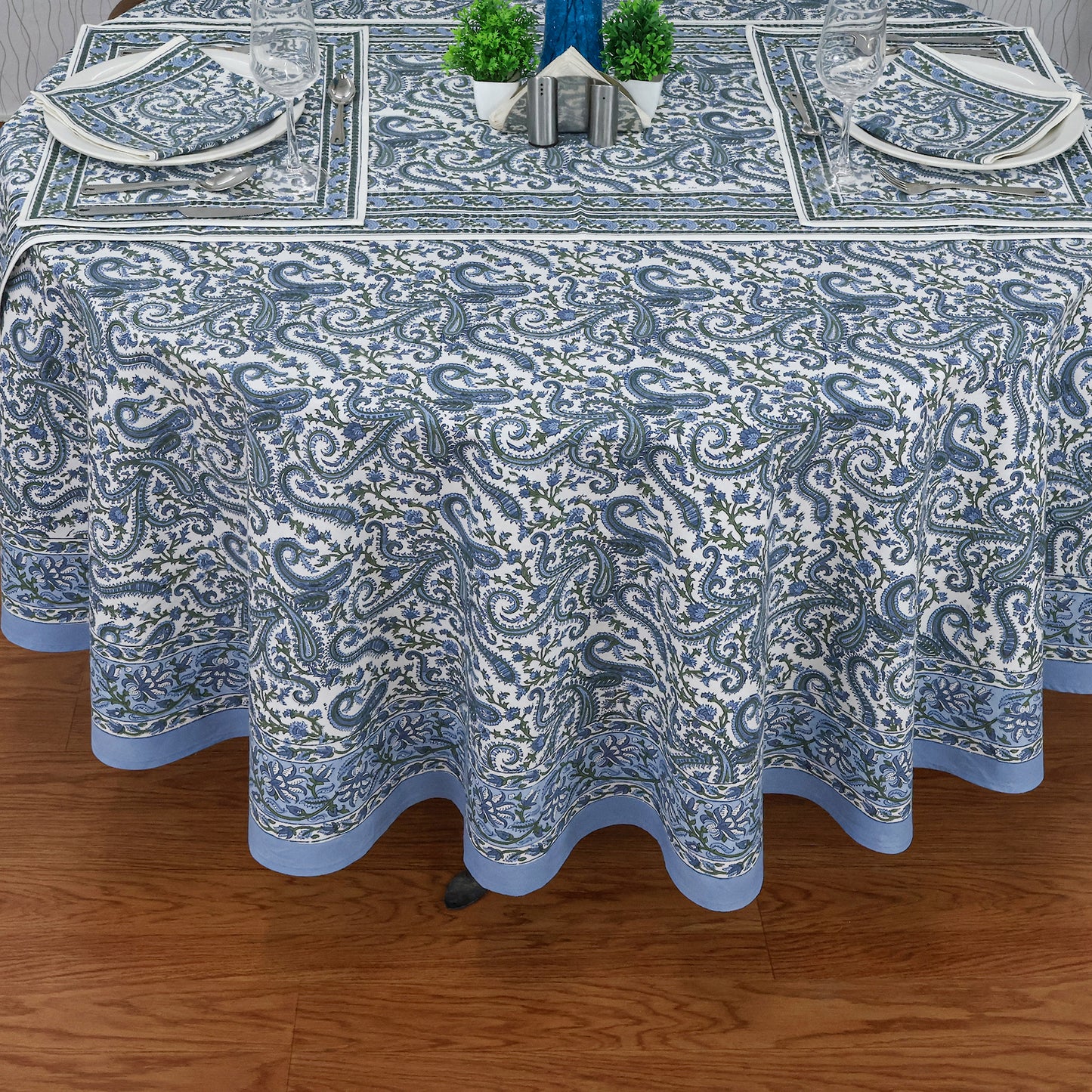 Blue Cotton Hand Block Printed Round Tablecloth - My Store