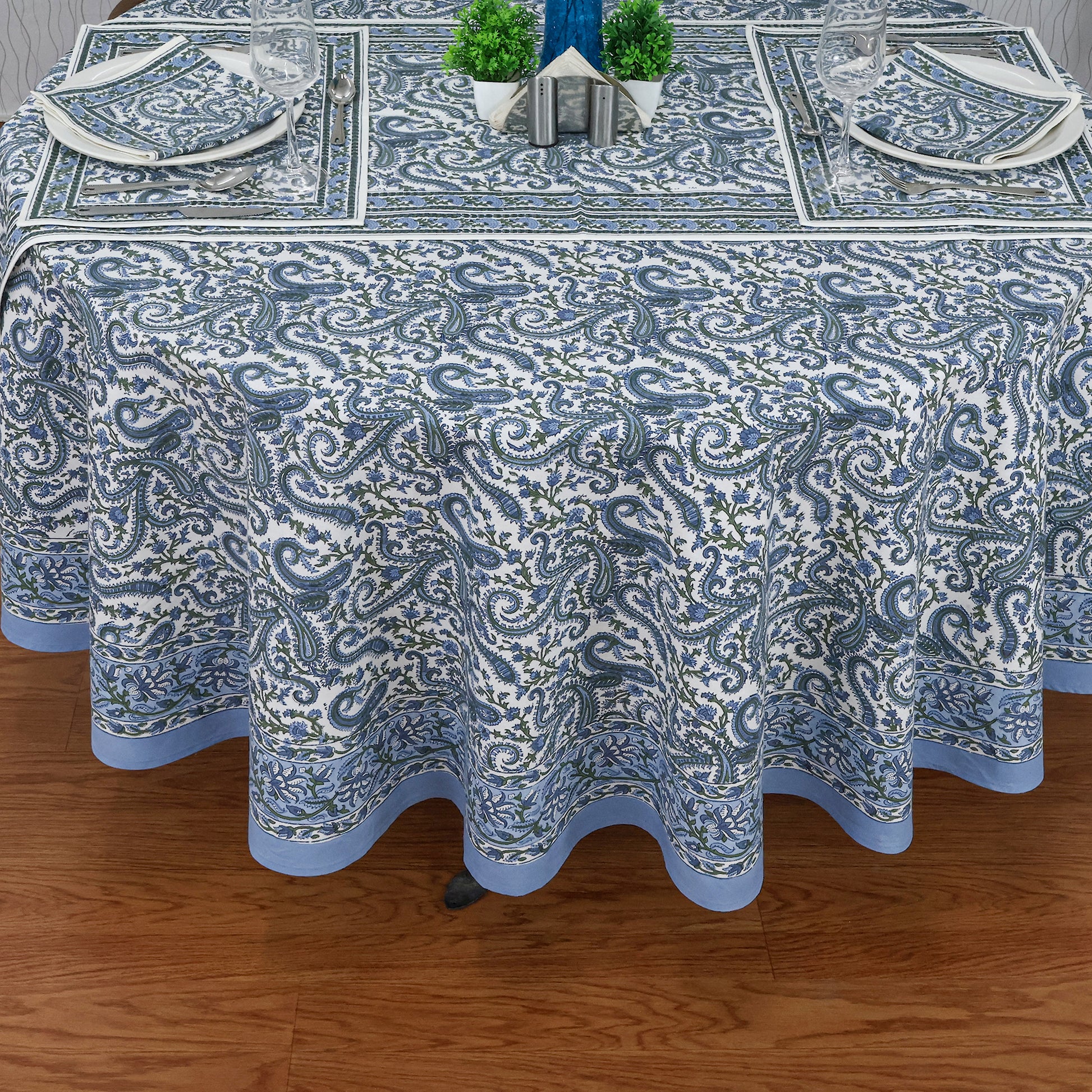 Blue Cotton Hand Block Printed Round Tablecloth - My Store