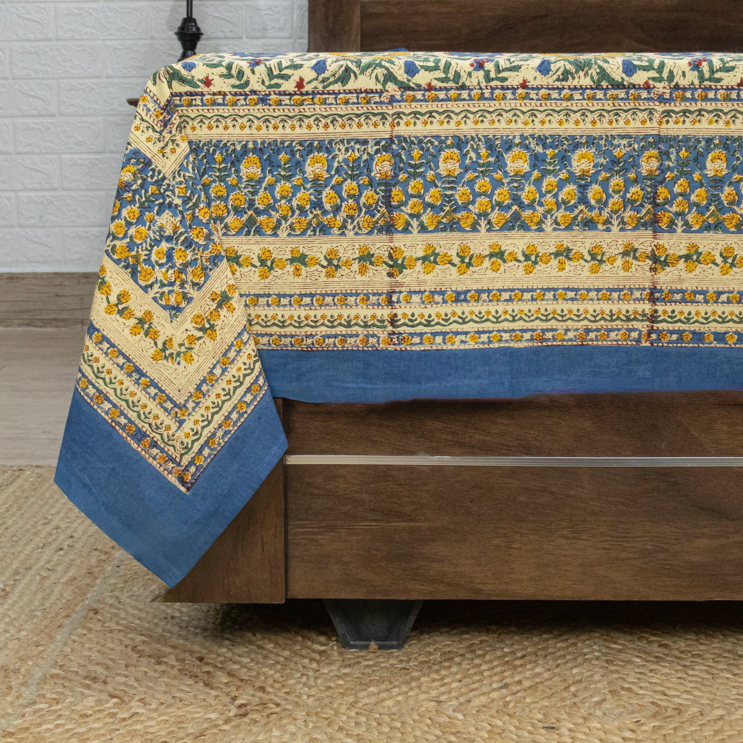 Cotton Bedsheet – Hand Block Floral Print – Yellow & Blue – King, Queen, Twin Sizes - My Store