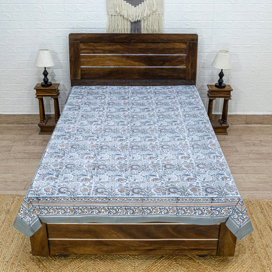 Indian Handmade Block Printed Gray and Brown Floral Pattern Cotton Bed sheet For living Room, Kids Room - My Store