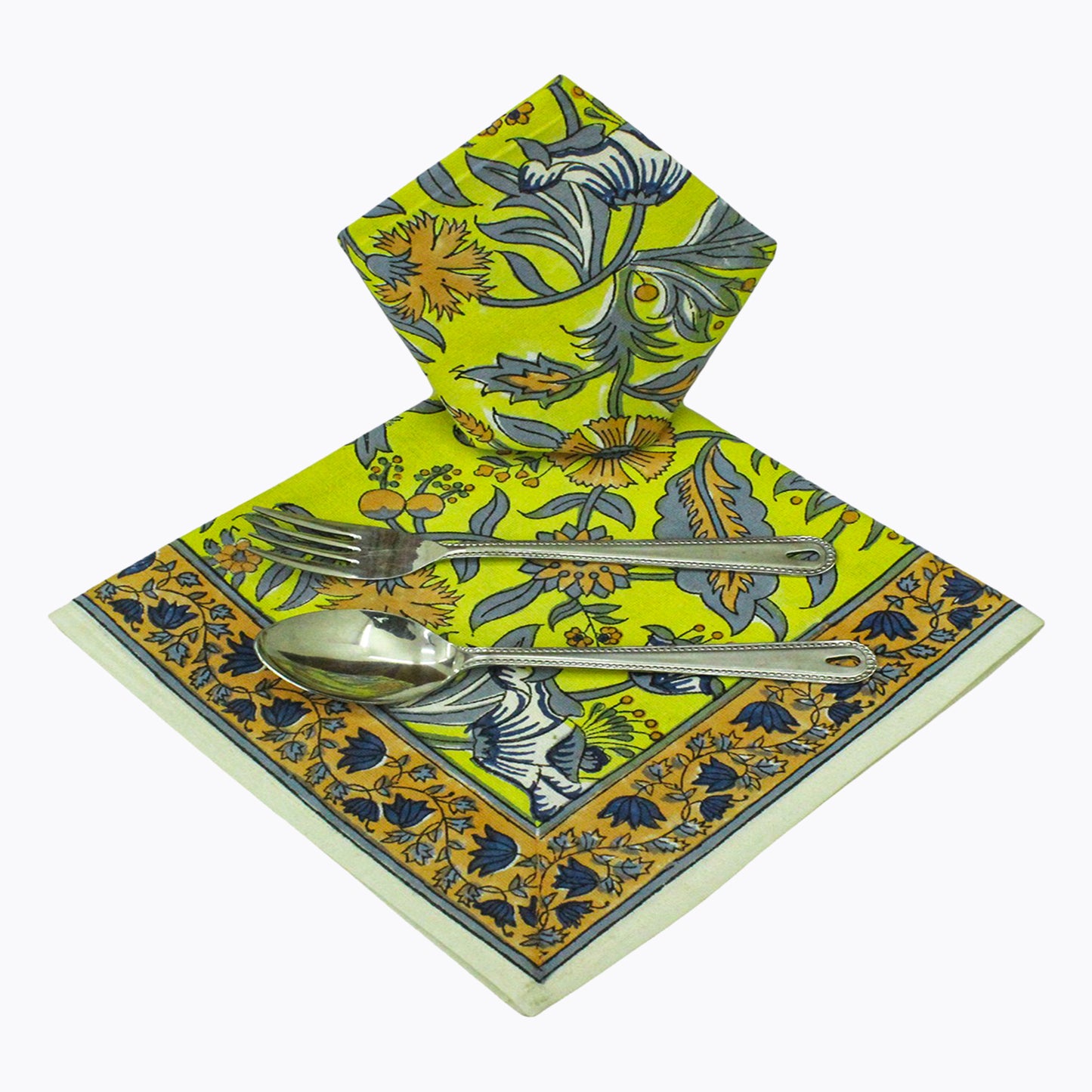 Indian Block Printed Yellow and Grey Cotton Set Of 4 Napkins - My Store