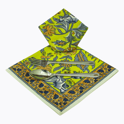 Indian Block Printed Yellow and Grey Cotton Set Of 4 Napkins - My Store