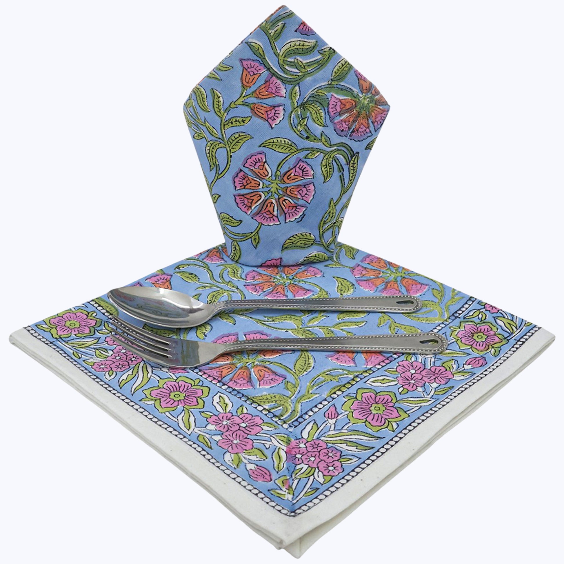 Pink With Green Handmade Block Printed Cotton Napkins Set Of 4 - My Store