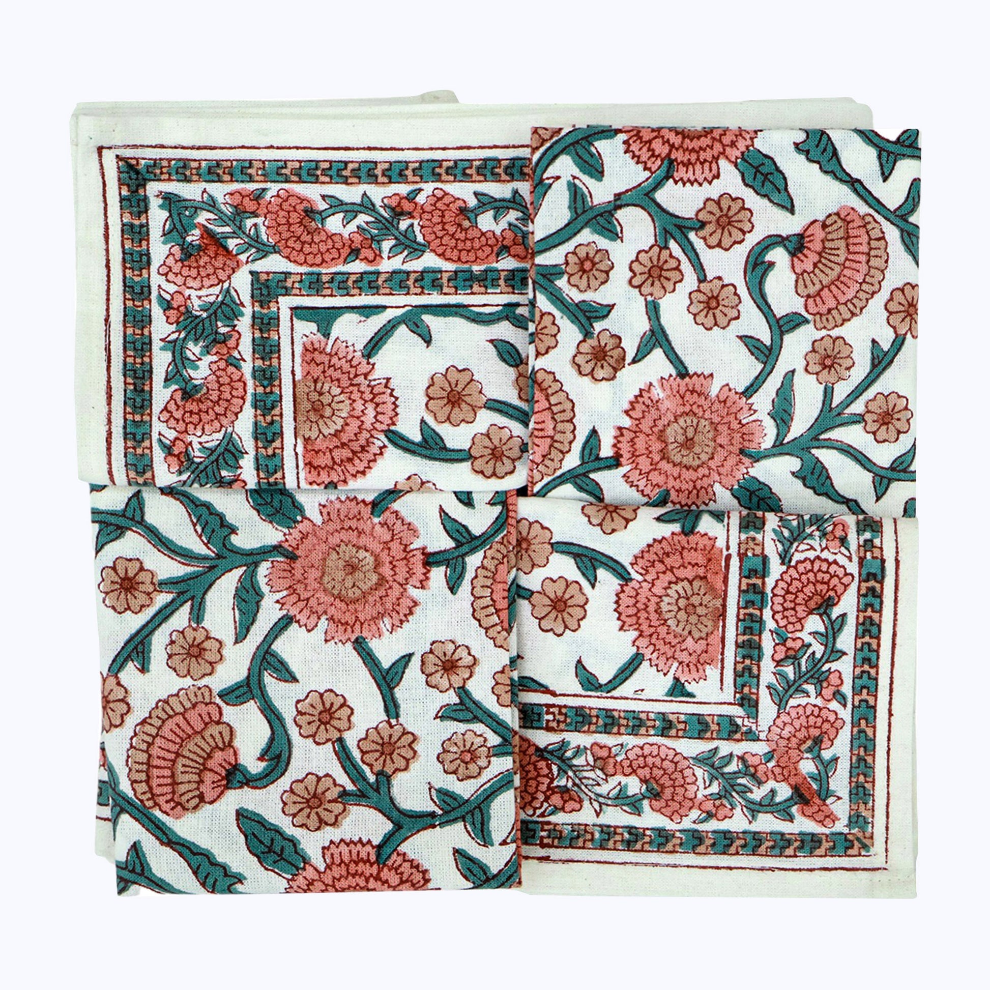 Pink and Green Handmade Block Printed Cotton Napkins Set Of 4 - My Store