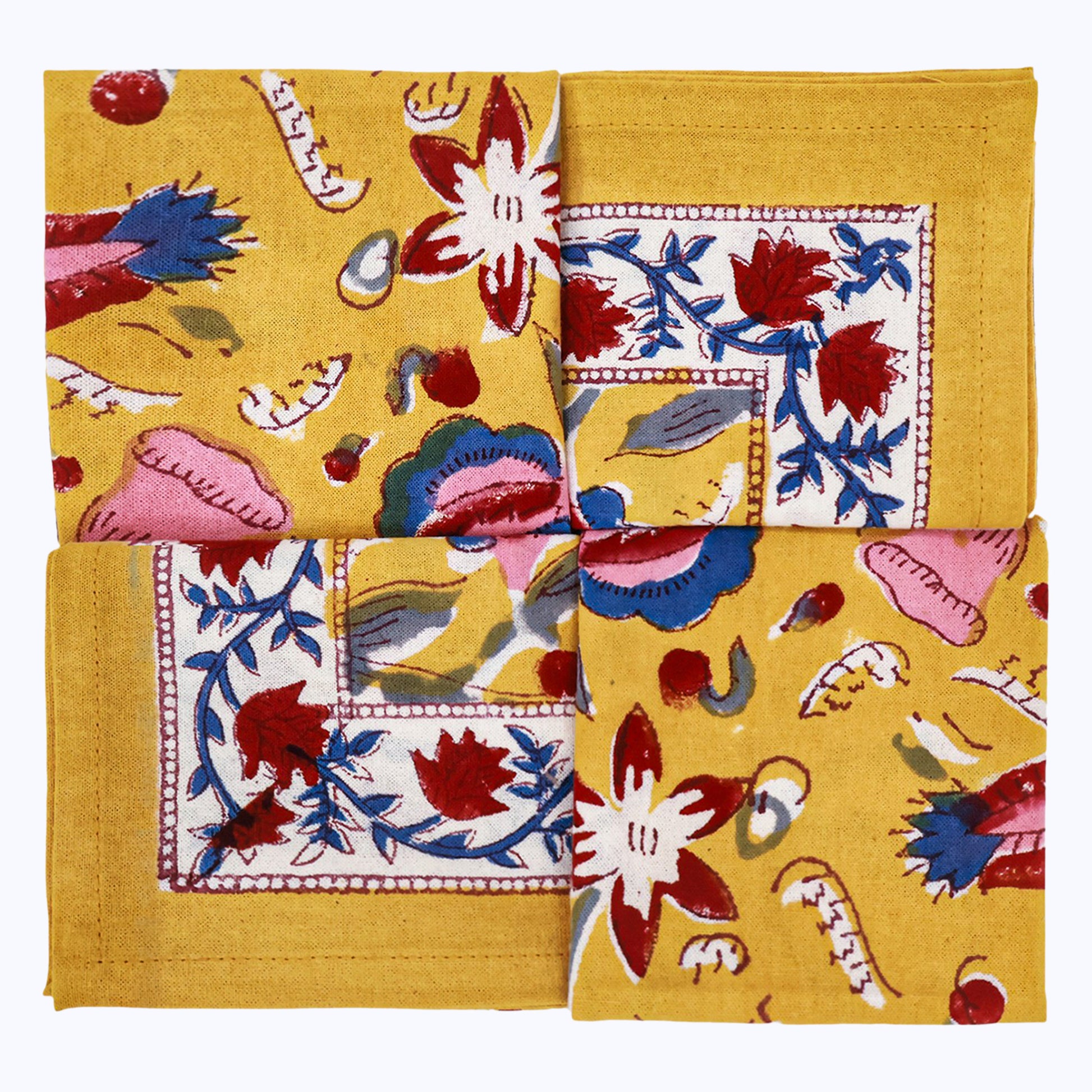Yellow and Red Handmade Block Printed Napkins Set Of 4 - My Store