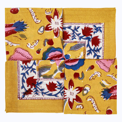 Yellow and Red Handmade Block Printed Napkins Set Of 4 - My Store
