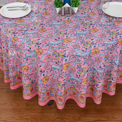 Pink and Blue Handmade Block Printed Round Tablecloth - My Store
