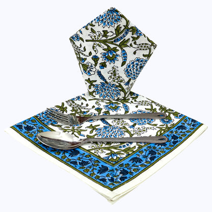 Blue and White Handmade Cotton Block Printed Napkins Set of 4 - My Store