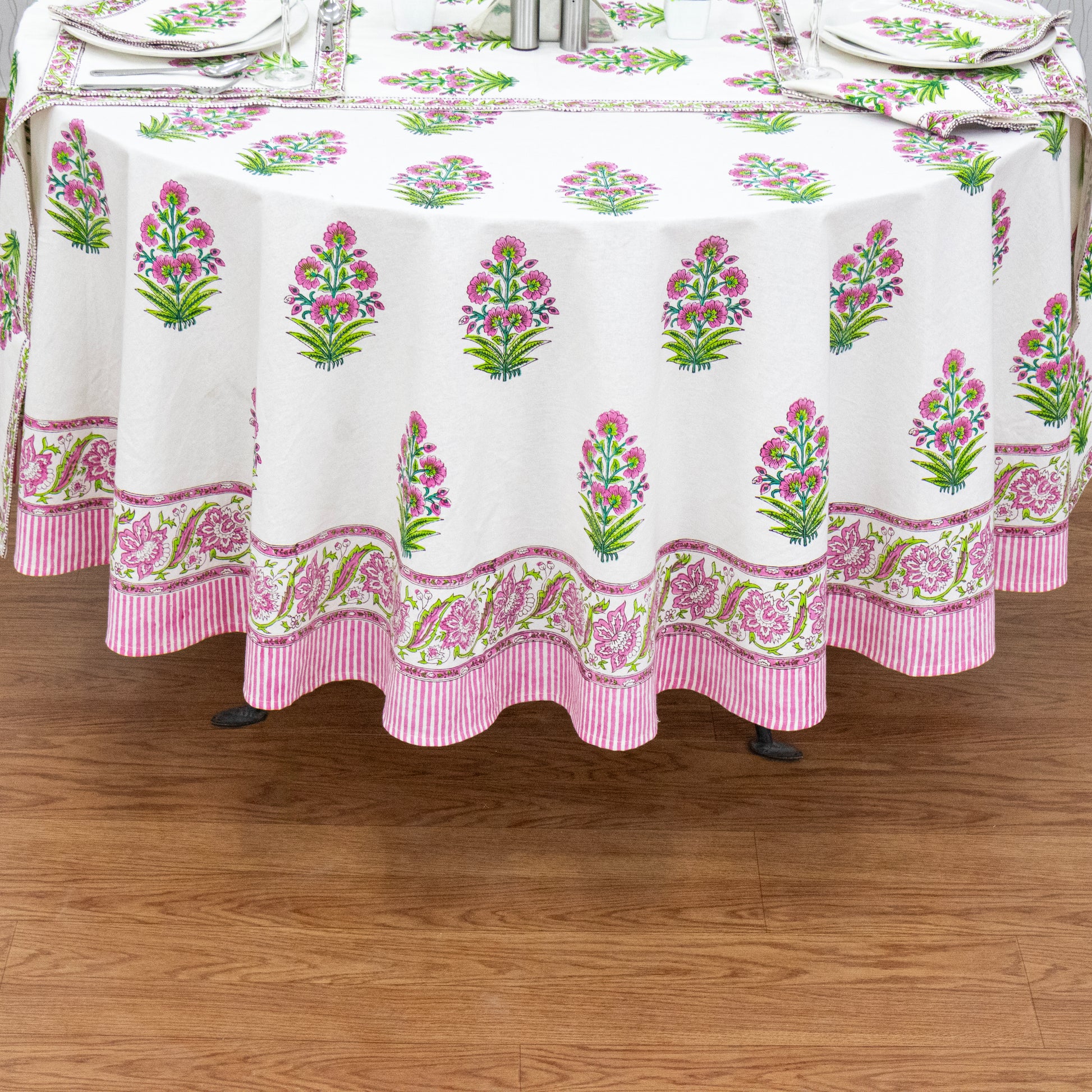 White and Pink Handmade Block Printed Cotton Tablecloth - My Store