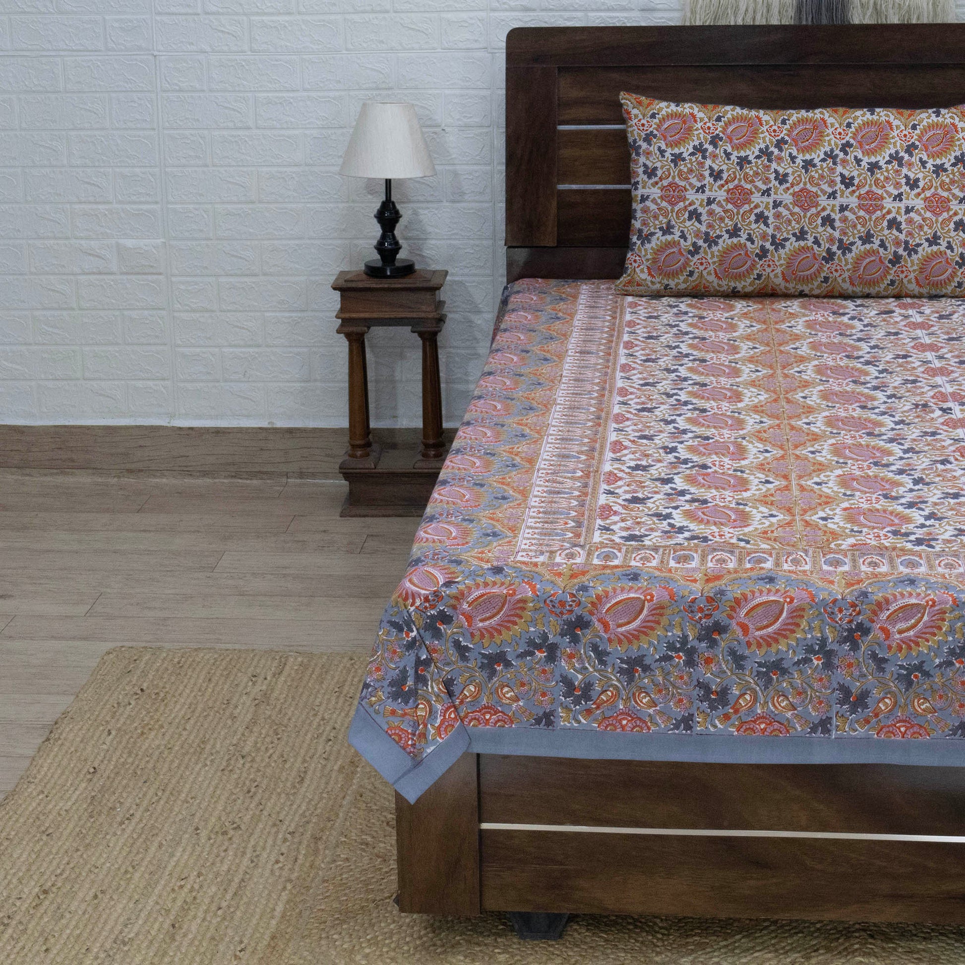 Indian Handmade Block Printed Orange and Multicolor Floral Pattern Cotton Bed sheet For living Room, Kids Room - My Store