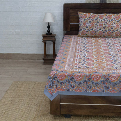 Indian Handmade Block Printed Orange and Multicolor Floral Pattern Cotton Bed sheet For living Room, Kids Room - My Store