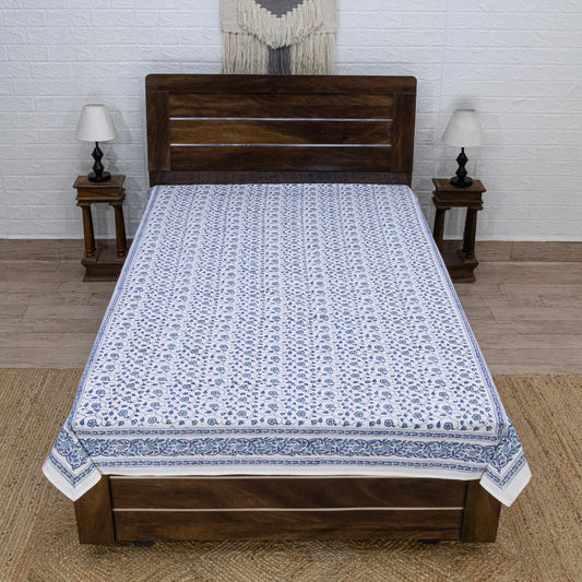 Cotton Bedsheet – Hand Block Floral Print – Blue & White – King, Queen, Twin Sizes - My Store