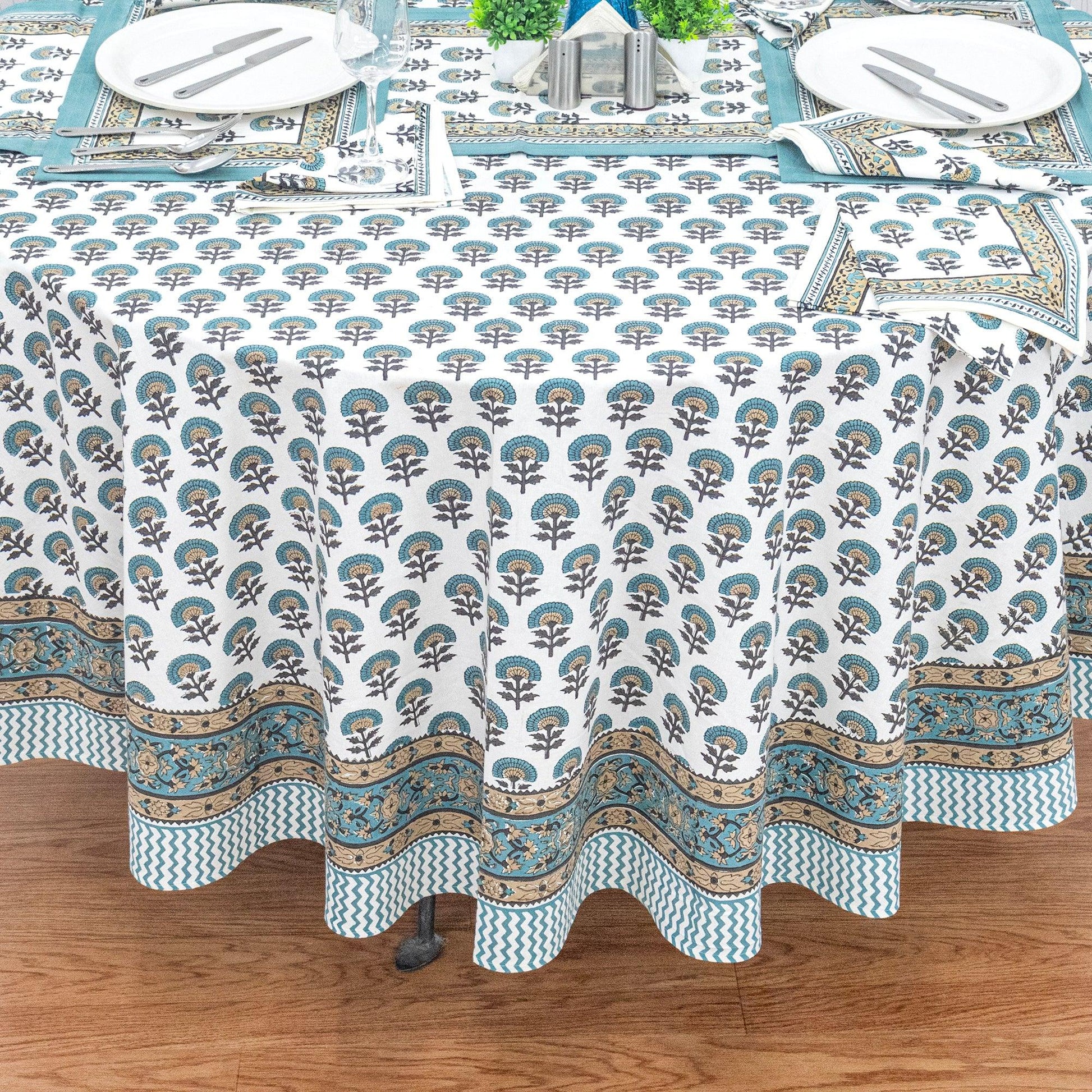Teal Blue and White Floral Table Cloth, Block Printed Table Cover - My Store