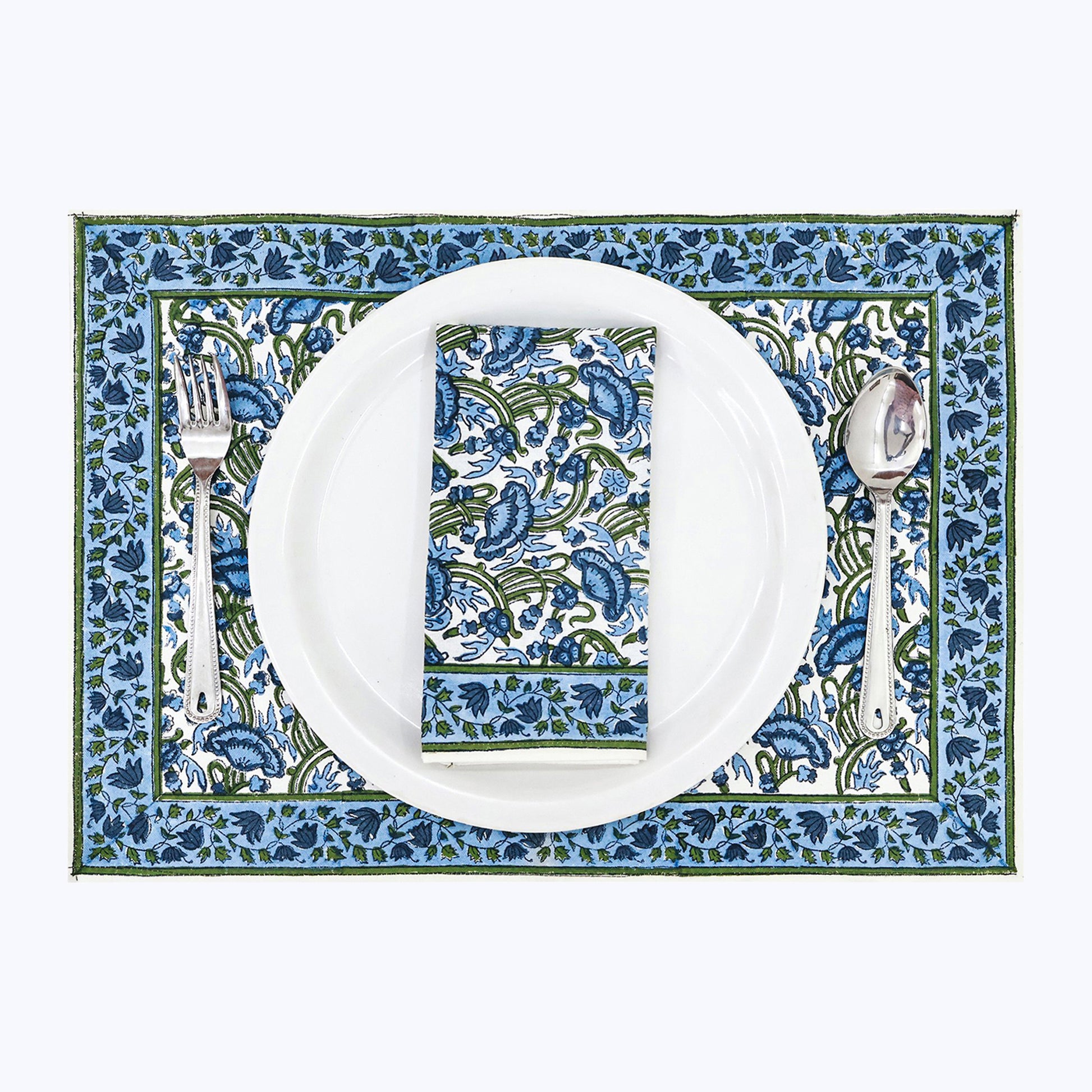 Blue and Green Handmade Block Printed Cotton Napkins Set Of 4 - My Store