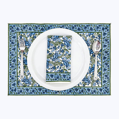 Blue and Green Handmade Block Printed Cotton Napkins Set Of 4 - My Store