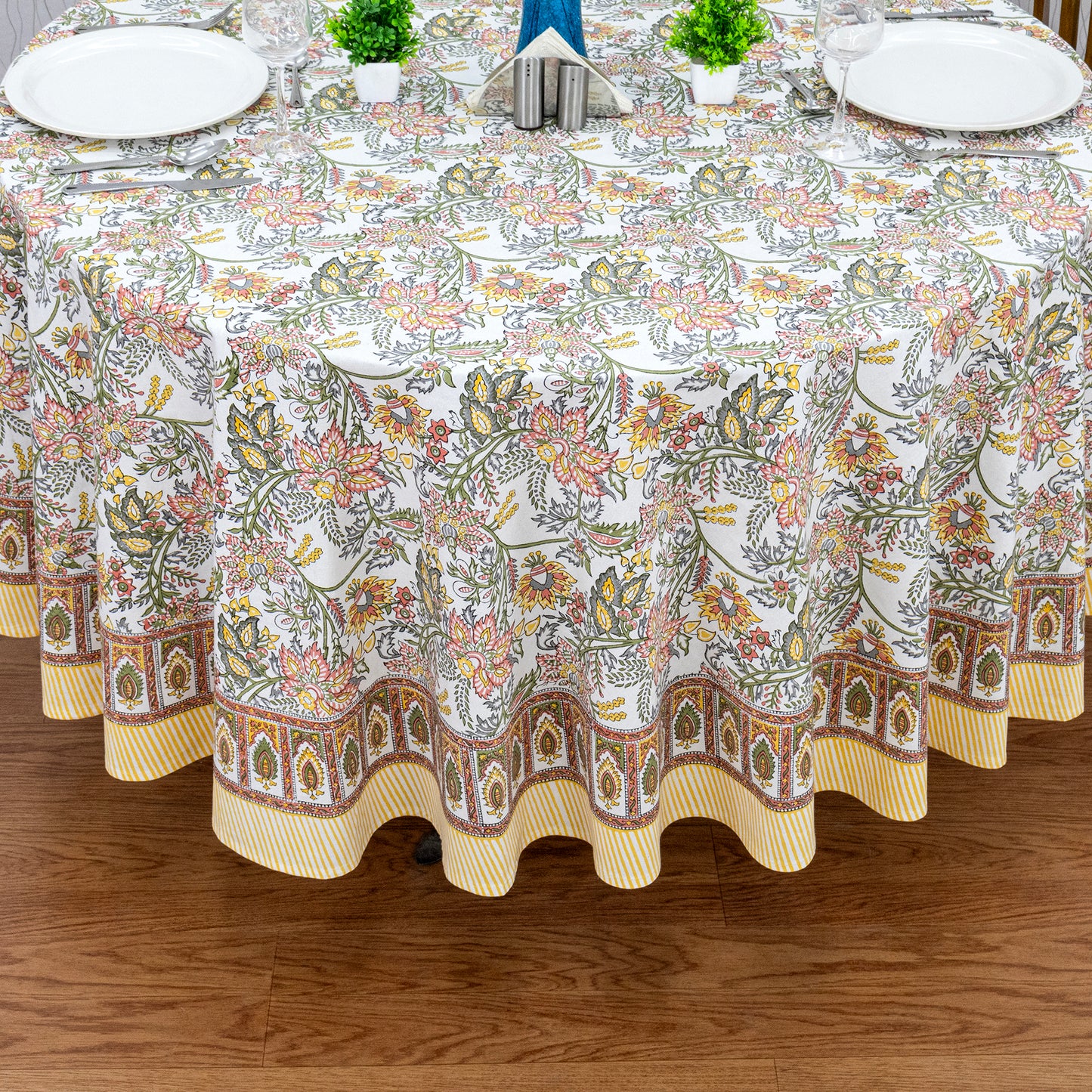 Teal Blue and White Floral Table Cloth, Block Printed Table Cover, Round Table Cloth - My Store