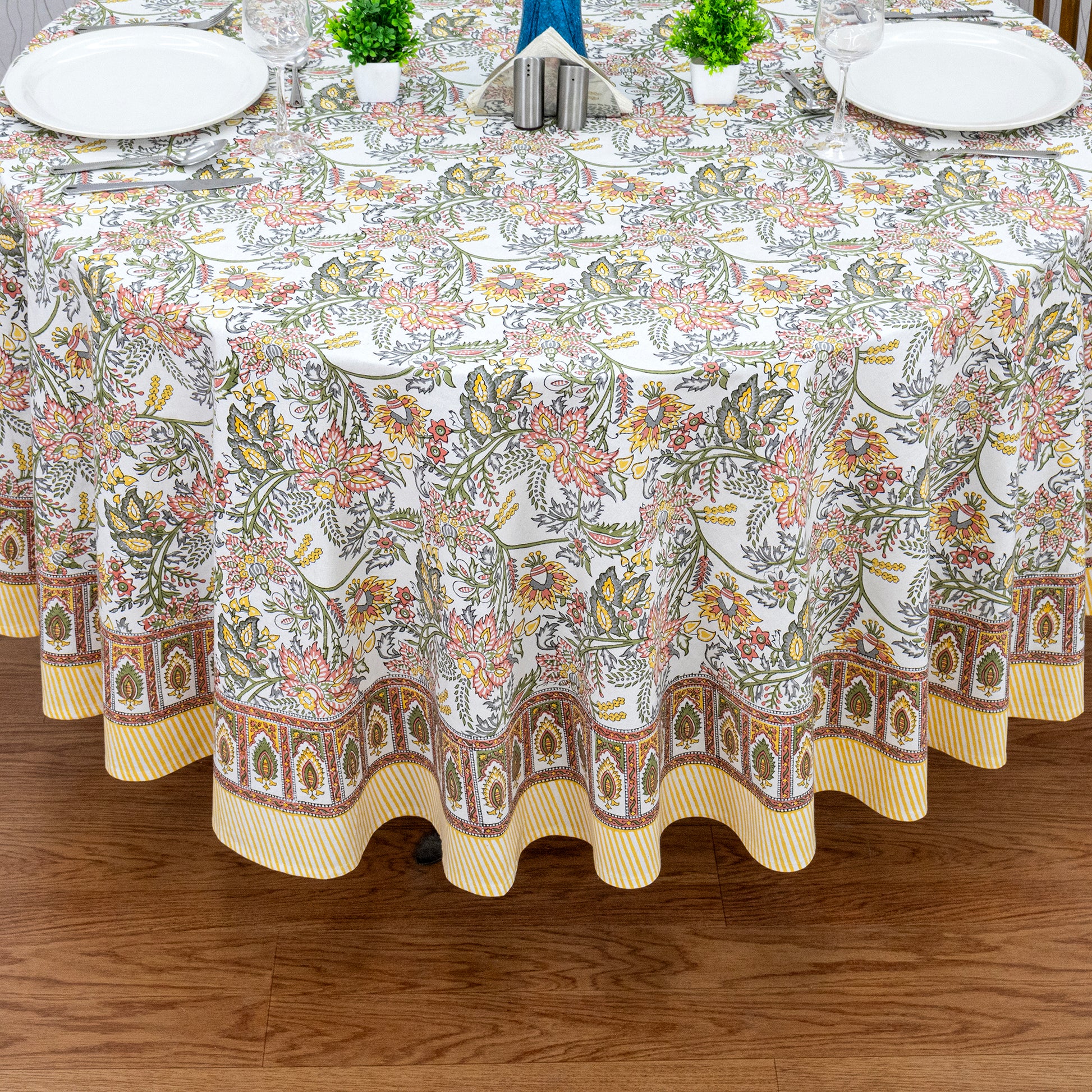 Teal Blue and White Floral Table Cloth, Block Printed Table Cover, Round Table Cloth - My Store