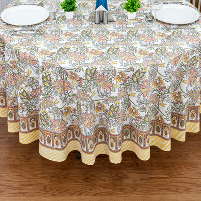 Teal Blue and White Floral Table Cloth, Block Printed Table Cover, Round Table Cloth - My Store