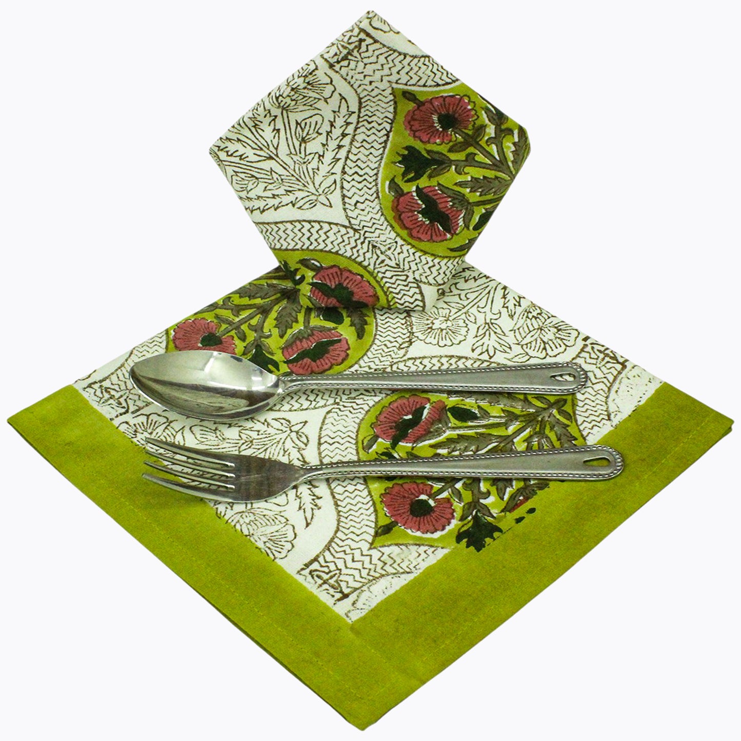 Yellow and Pink Set Of 4 Cotton Block Printed Napkins - My Store