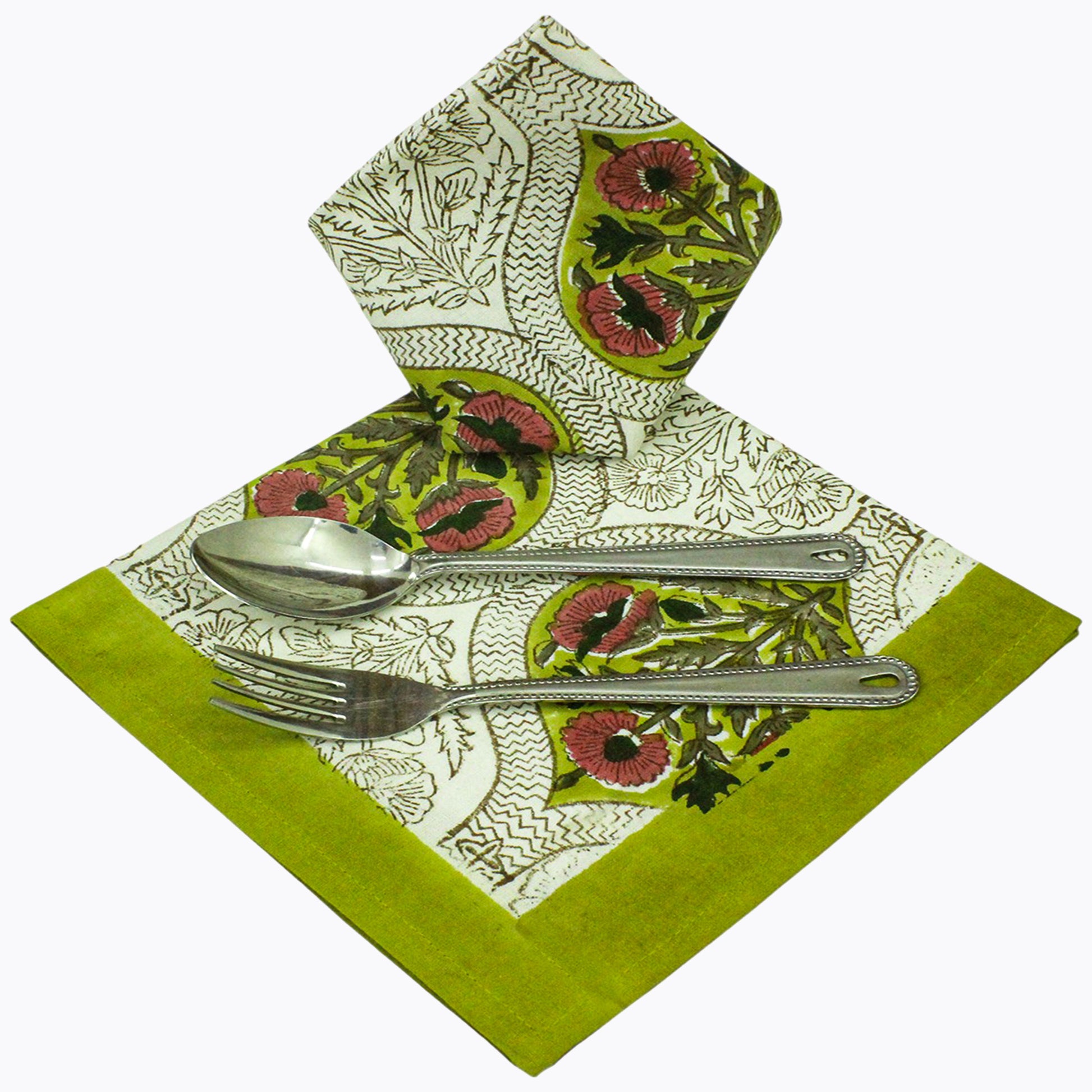 Yellow and Pink Set Of 4 Cotton Block Printed Napkins - My Store