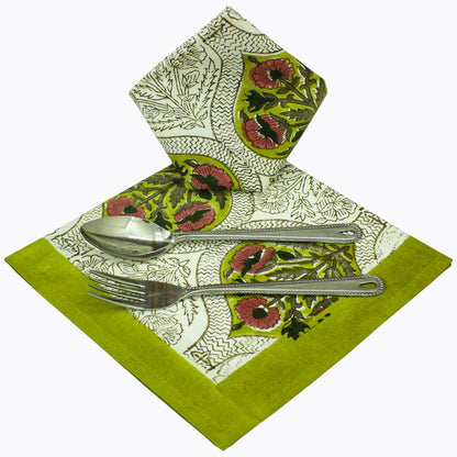 Yellow and Pink Set Of 4 Cotton Block Printed Napkins - My Store
