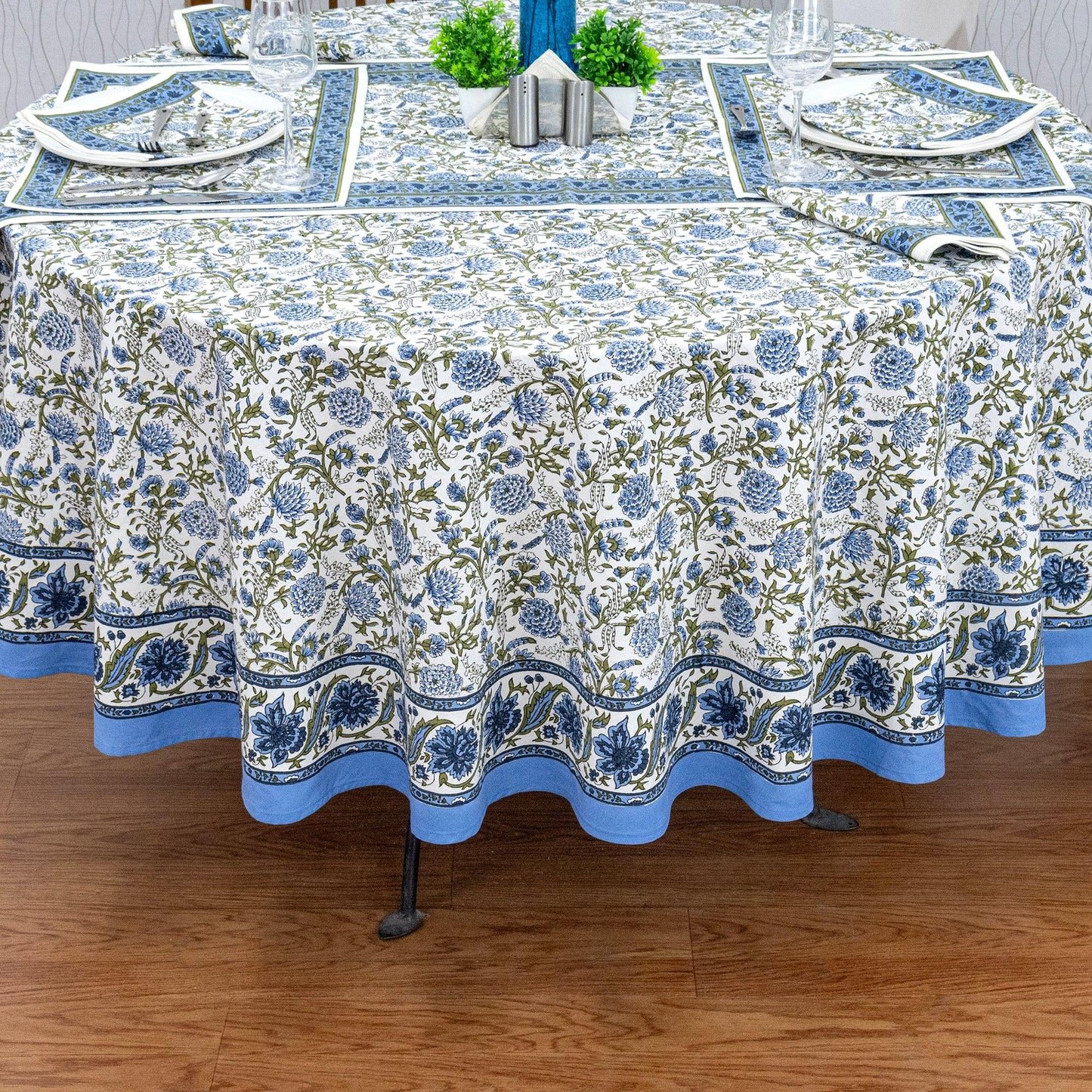 Blue & White Round Tablecloth, Dining Table Decor, Block Printed Mats, Valentine Gifts - My Store
