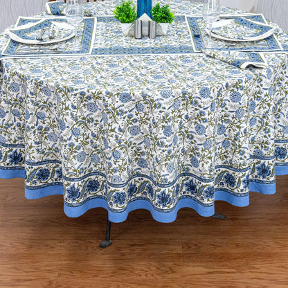Blue & White Round Tablecloth, Dining Table Decor, Block Printed Mats, Valentine Gifts - My Store