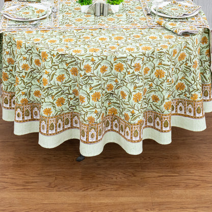 Green and Orange Hand Block Printed Cotton Tablecloth - My Store