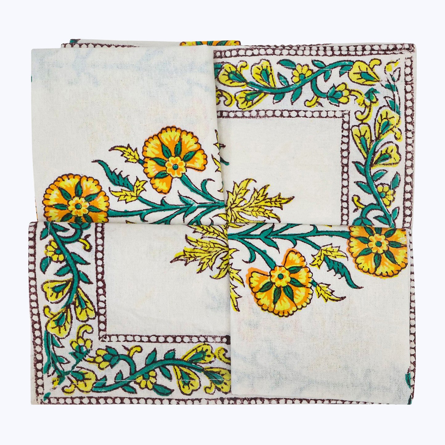 Yellow and White Handmade Block Printed Cotton Napkins Set Of 4 - My Store