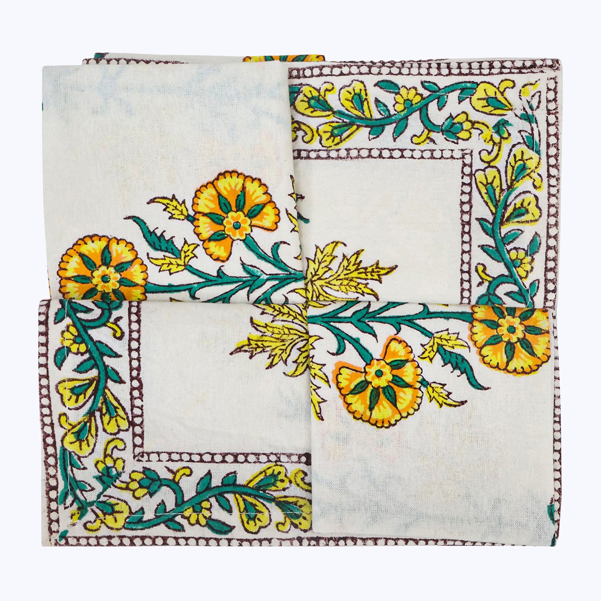 Yellow and White Handmade Block Printed Cotton Napkins Set Of 4 - My Store