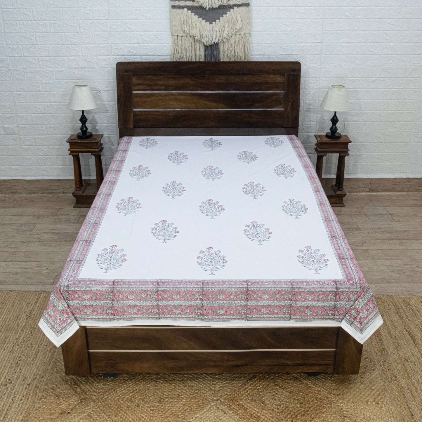 Cotton Bedsheet – Hand Block Floral Print – White & Pink – King, Queen, Twin Sizes - My Store