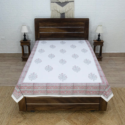 Cotton Bedsheet – Hand Block Floral Print – White & Pink – King, Queen, Twin Sizes - My Store