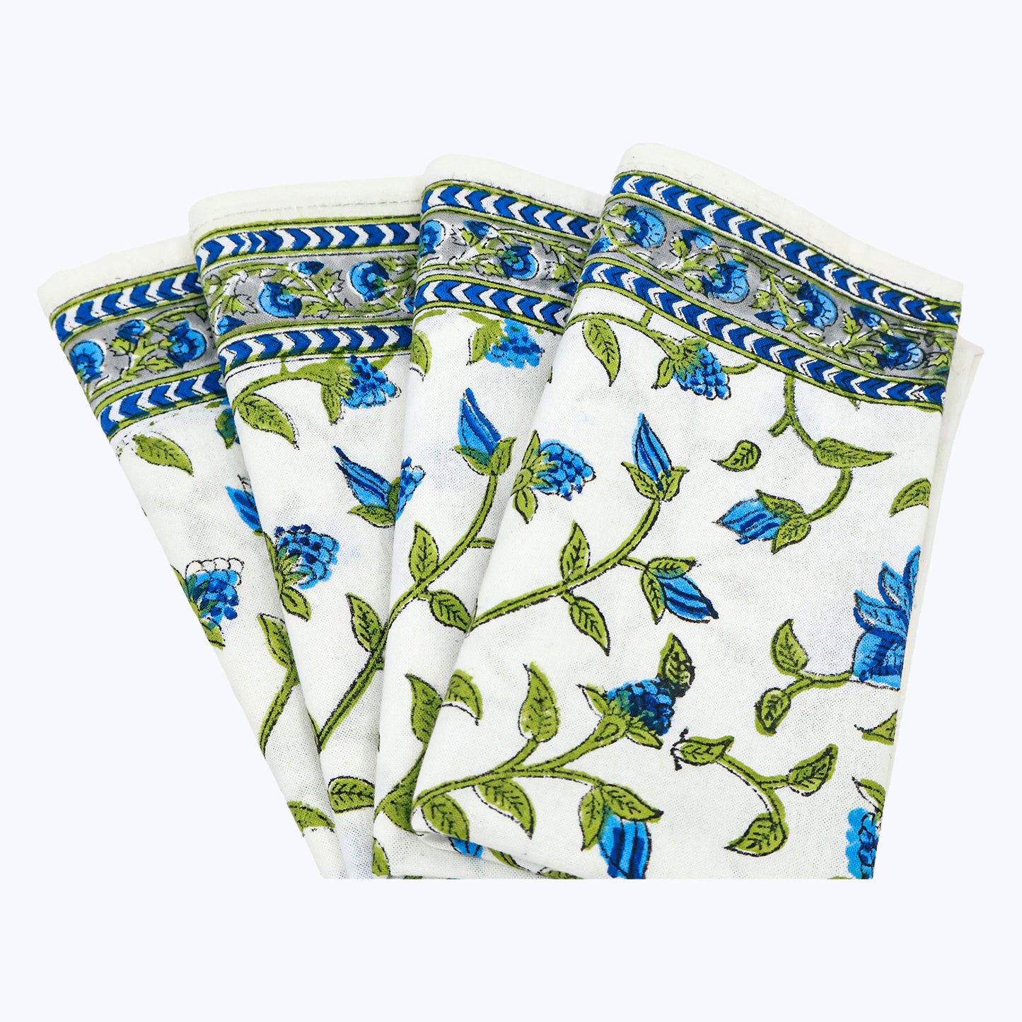 White and Green Hand Block Print Napkins Set Of 4 - My Store