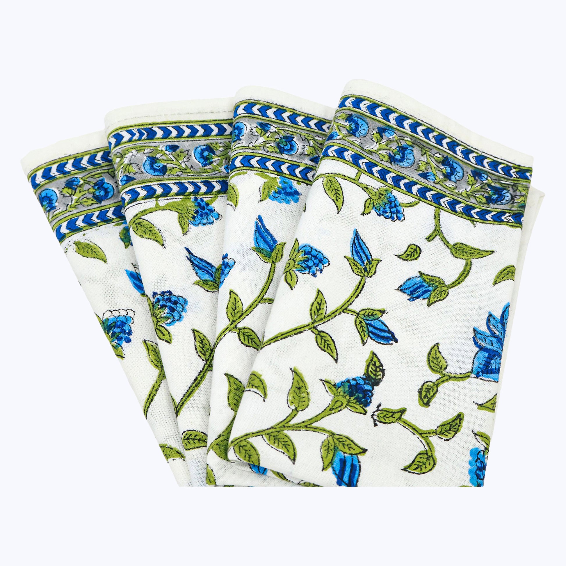 White and Green Hand Block Print Napkins Set Of 4 - My Store