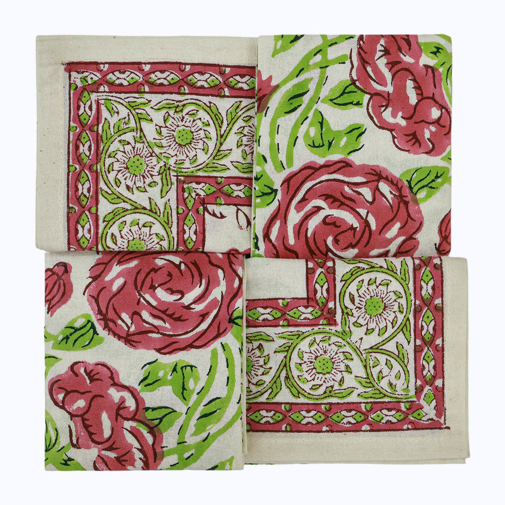 Pink and Green Hand Block Printed 4 Pieces Cotton Napkins - My Store
