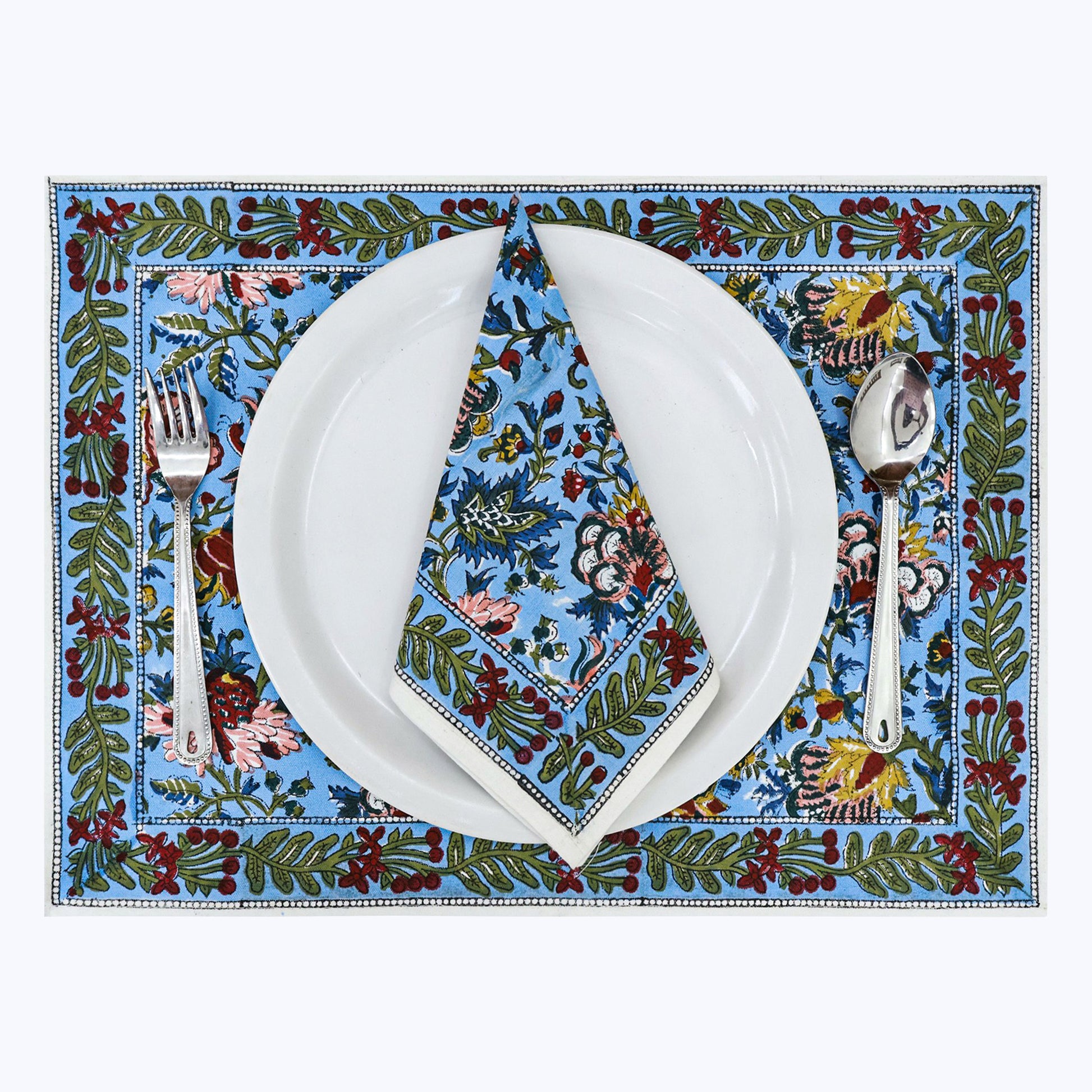 Blue and Red Hand Block Printed Cotton Napkins Set Of 4 - My Store