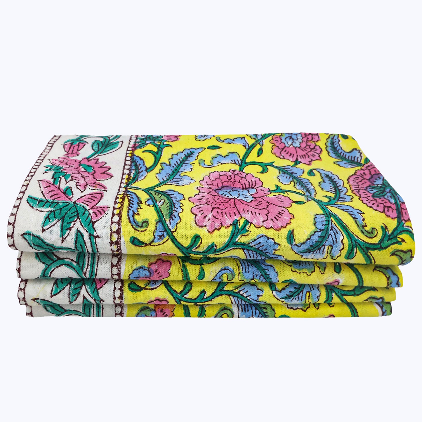Yellow and Pink Hand Block Printed Cotton Napkins Set Of 4 - My Store