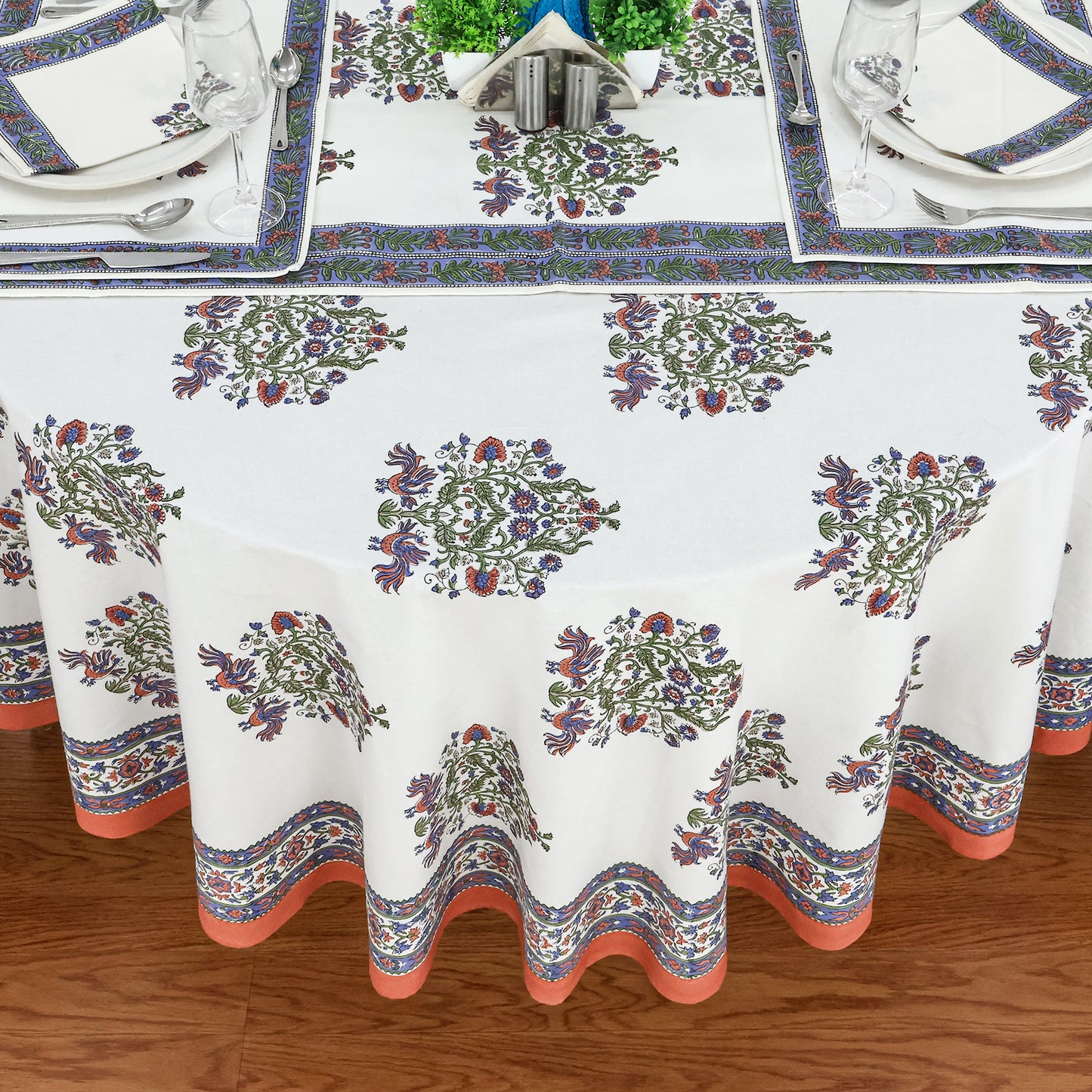 White and Blue Handmade Block Printed Cotton Tablecloth - My Store