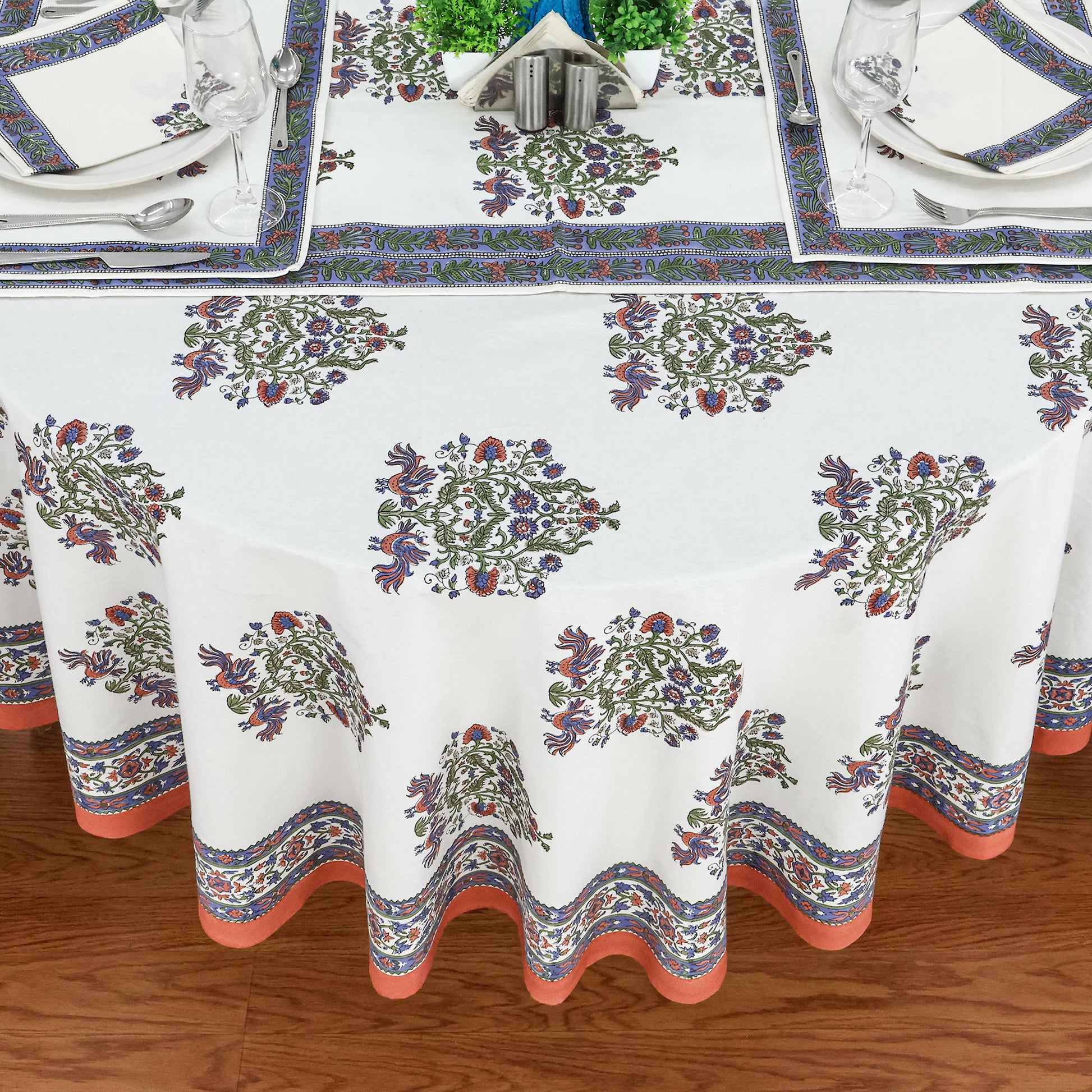 White and Blue Handmade Block Printed Cotton Tablecloth - My Store