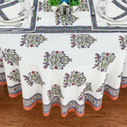 White and Blue Handmade Block Printed Cotton Tablecloth - My Store