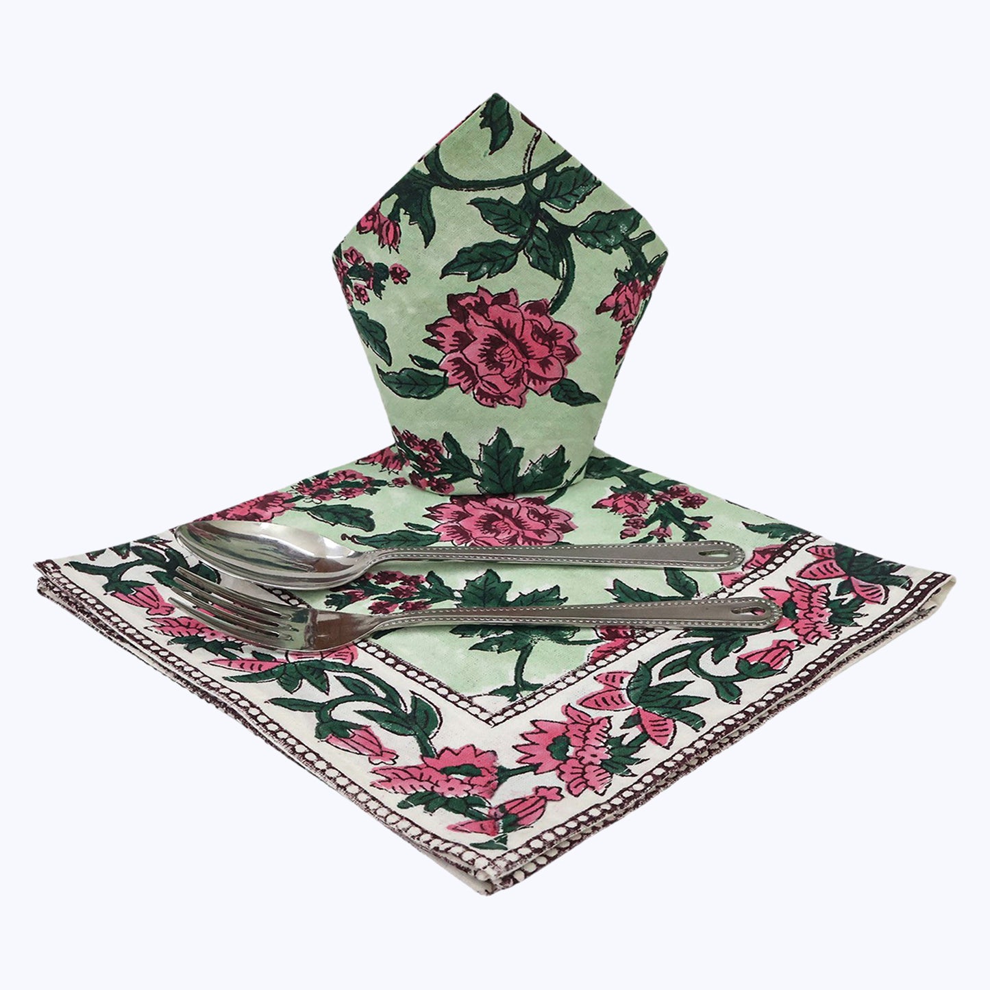 Pink and Green Hand Block Printed Cotton Napkins Set OF 4 - My Store