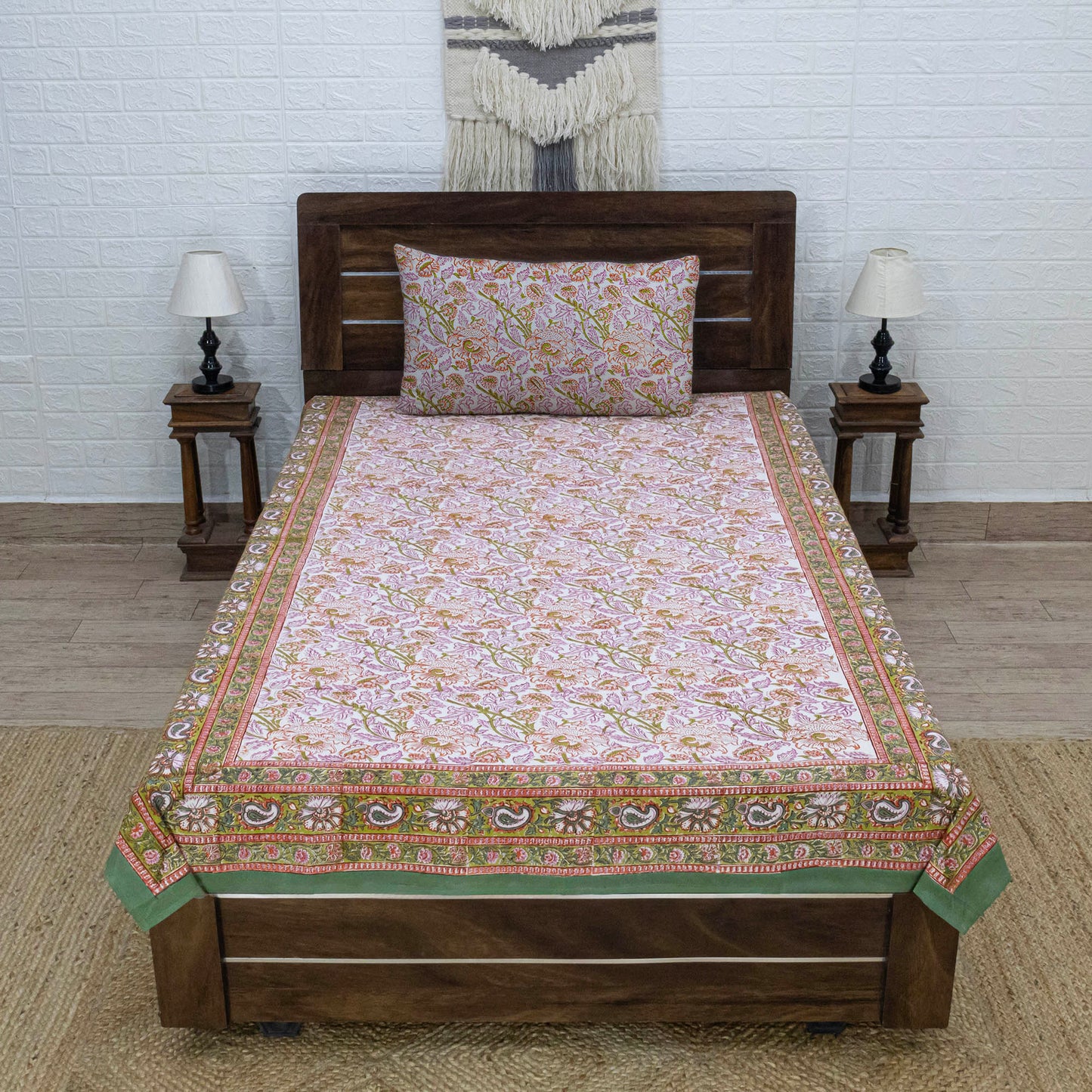 Cotton Bedsheet – Hand Block Floral Print – Pink & Brown – King, Queen, Twin Sizes - My Store