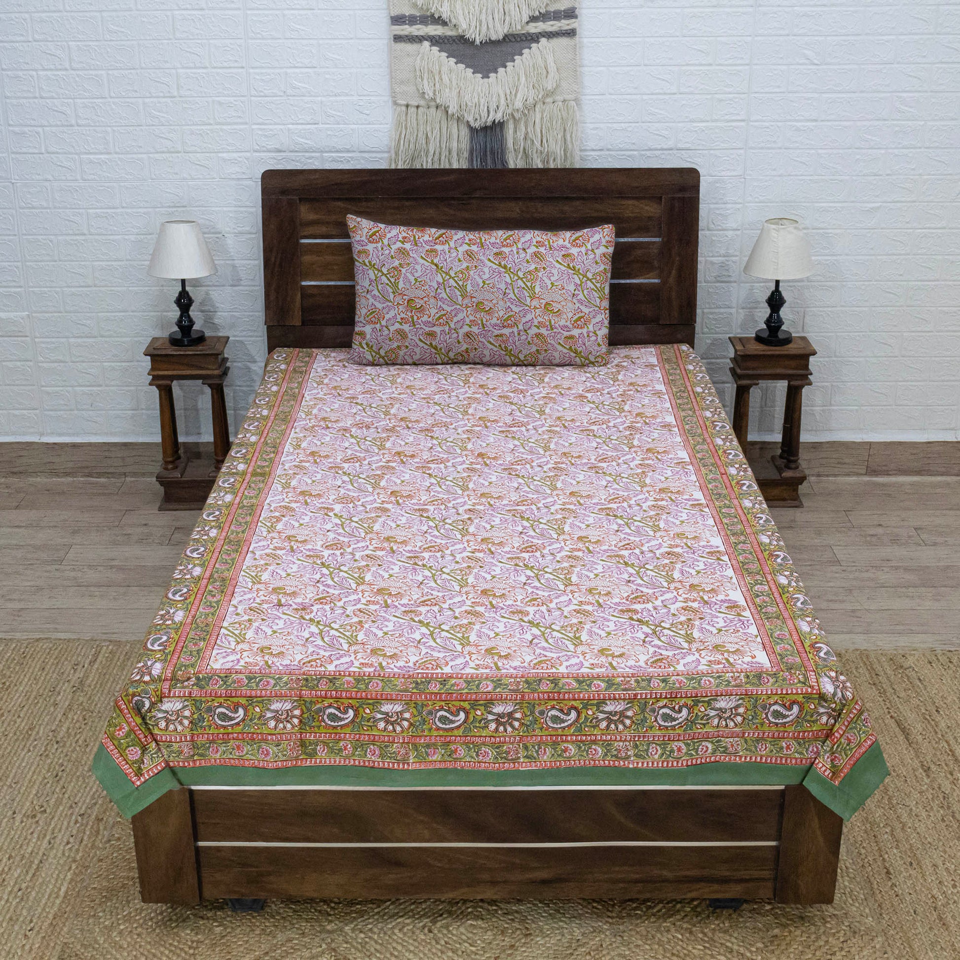 Cotton Bedsheet – Hand Block Floral Print – Pink & Brown – King, Queen, Twin Sizes - My Store